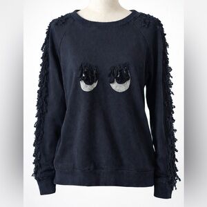 Noé & Zoë Berlin Sweatshirt Small Midnight Blue Frayed Sleeves Eye Graphic NWT